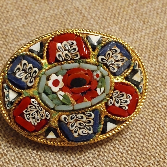 Micro Mosaic Made in Italy Stamped Oval Vintage Handmade Pin/Brooch - Picture 1 of 5